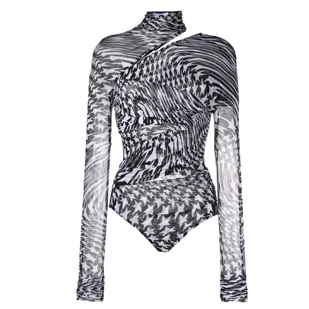 Mugler Star-Print Shoulder Cut-out Long Sleeve Mesh Bodysuit Size US 8 NWT